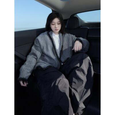 美式高街慵懒感灰色毛衣开衫