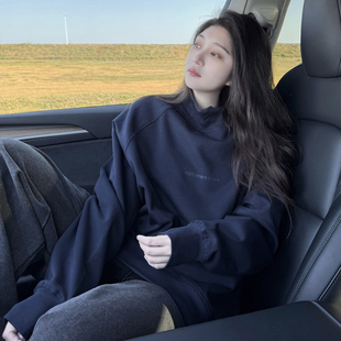 DYXY美式高街宽松卫衣女深蓝色半高领长袖通勤简约小众松弛感穿搭