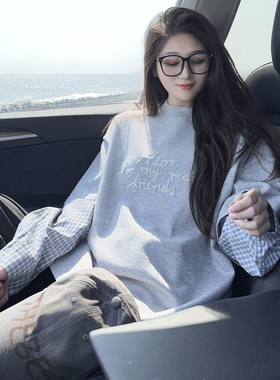 DYXY美式高街格纹拼接氛围感长袖T恤空气层上衣小众假两件ins潮牌