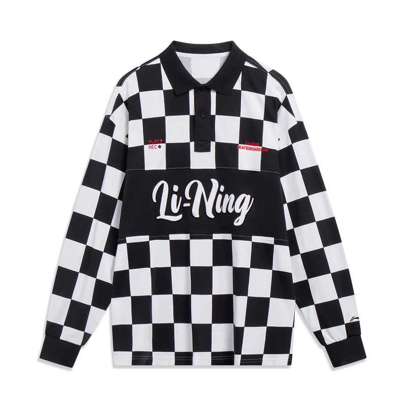 中国李宁男滑板系列长袖格子POLO衫宽松休闲翻领上衣APLT013-B品