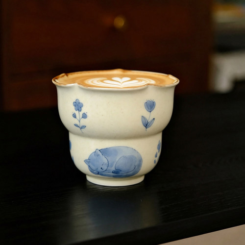 旷野集 青花猫咪花口葫芦手握杯280ml景德镇手绘咖啡杯拉花拿铁杯