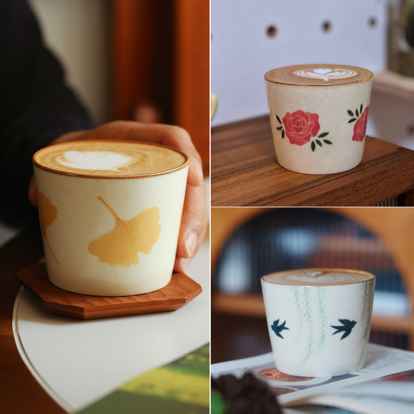 旷野集手作 银杏猪口杯手绘咖啡杯景德镇陶瓷手握杯拉花蛋杯礼物