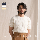 100%长绒棉 CULTUM圆领方块格纹短袖 针织衫 男休闲复古半袖 T恤