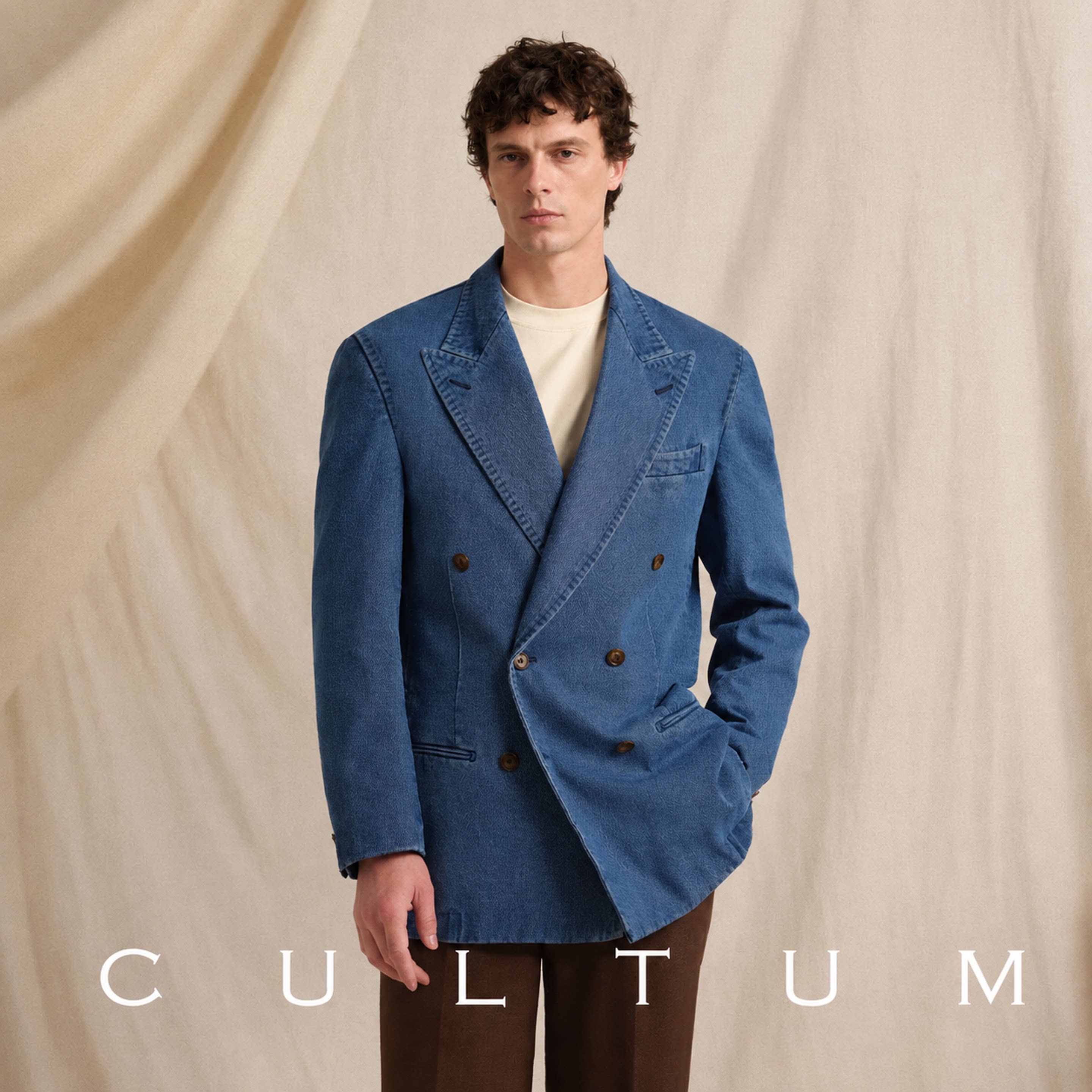 【无结构 可水洗】CULTUM100%棉意式牛仔西服男戗驳领双排扣西装