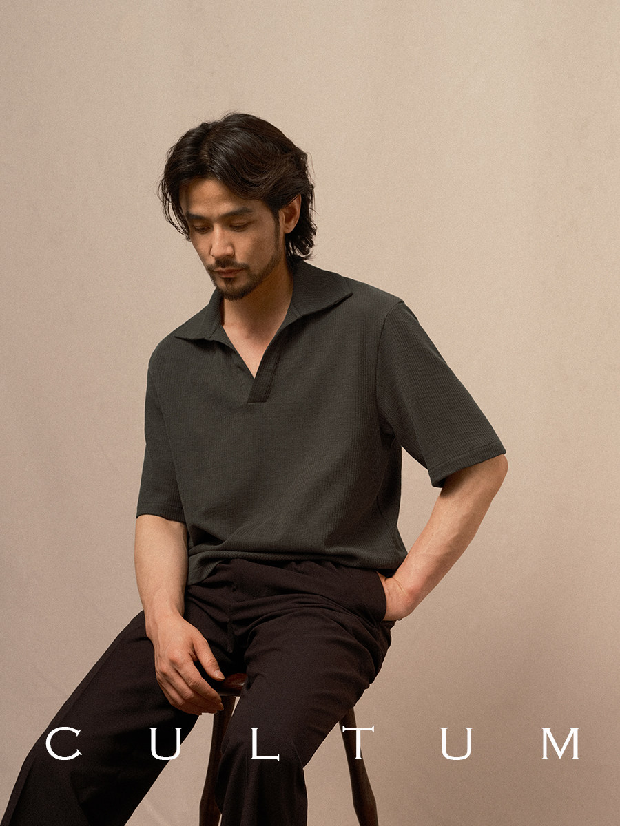 CULTUM SOFT LIGHT THREE-DIMENSIONAL STRIPE BREATHABLE KNIT POLO SHIRT MENS LOOSE CASUAL RETRO SOLID COLOR SHORT SLEEVES