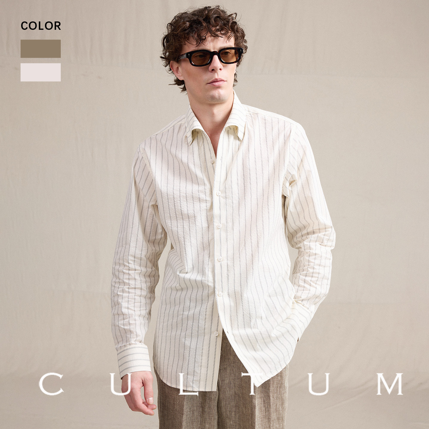 【全棉泡泡纱】CULTUM意式一片领纯棉条纹长袖衬衫男休闲轻薄衬衣