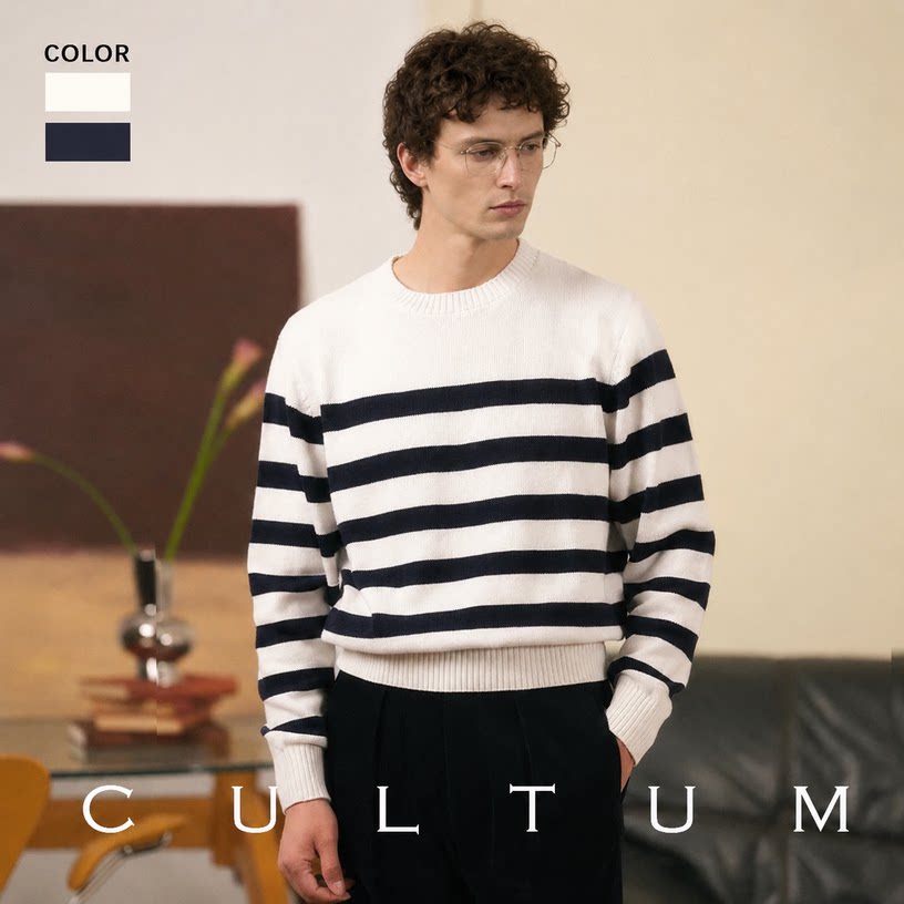 【柔软亲肤羊绒】CULTUM复古学院风针织条纹圆领毛衣打底海魂衫男