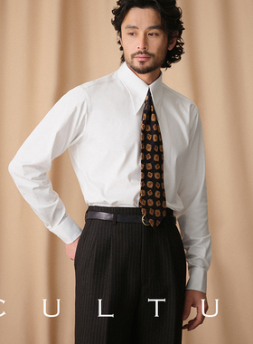 【透气亲肤不易皱】CULTUM复古长尖领暗扣白色衬衫男长袖西装衬衣