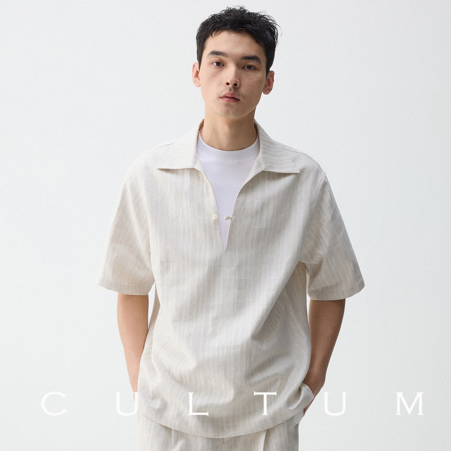 【亲肤透气】CULTUM老钱风条纹深V一字领薄款亚麻短袖衬衫男女款