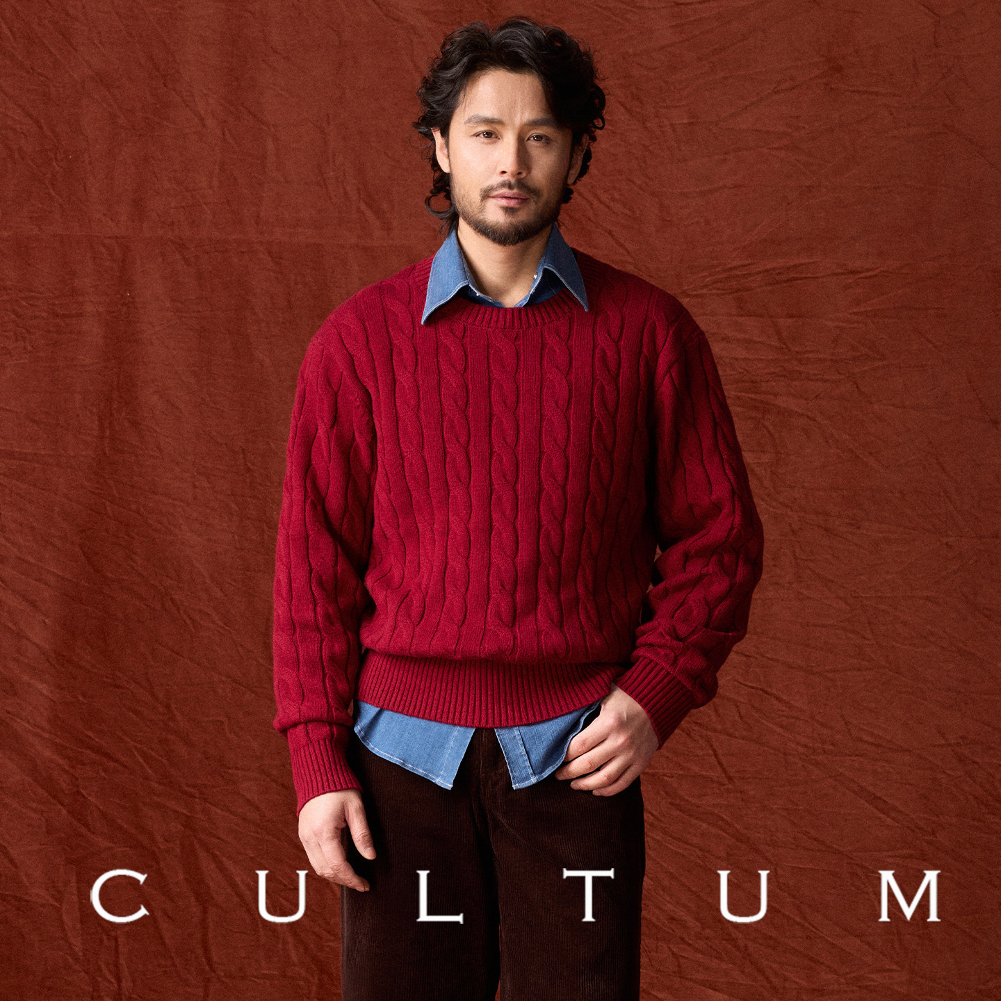 圆领绞花新年红色针织衫套头毛衣