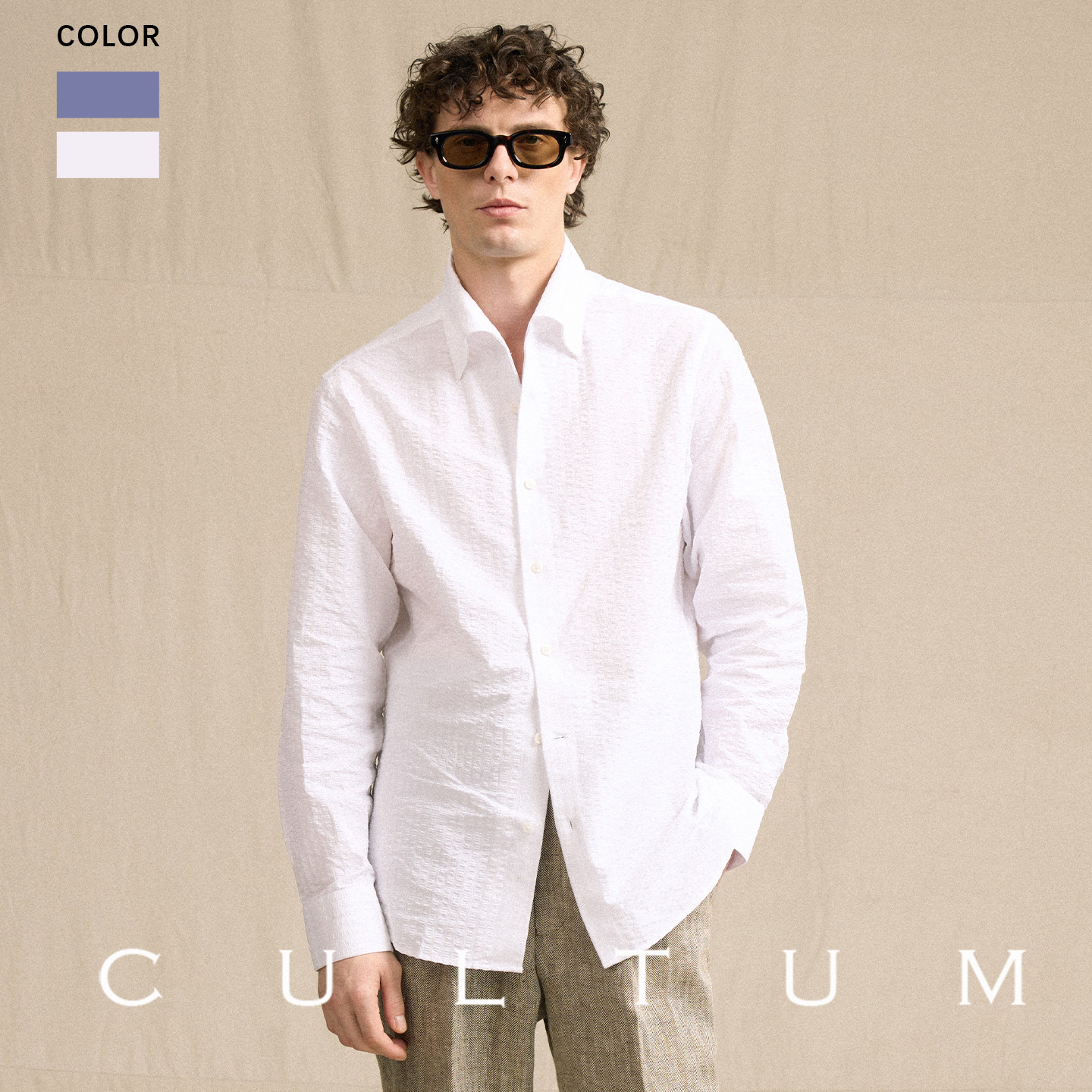 CULTUM意式商务绅士泡泡纱一片领衬衫男长袖条纹青年休闲衬衣