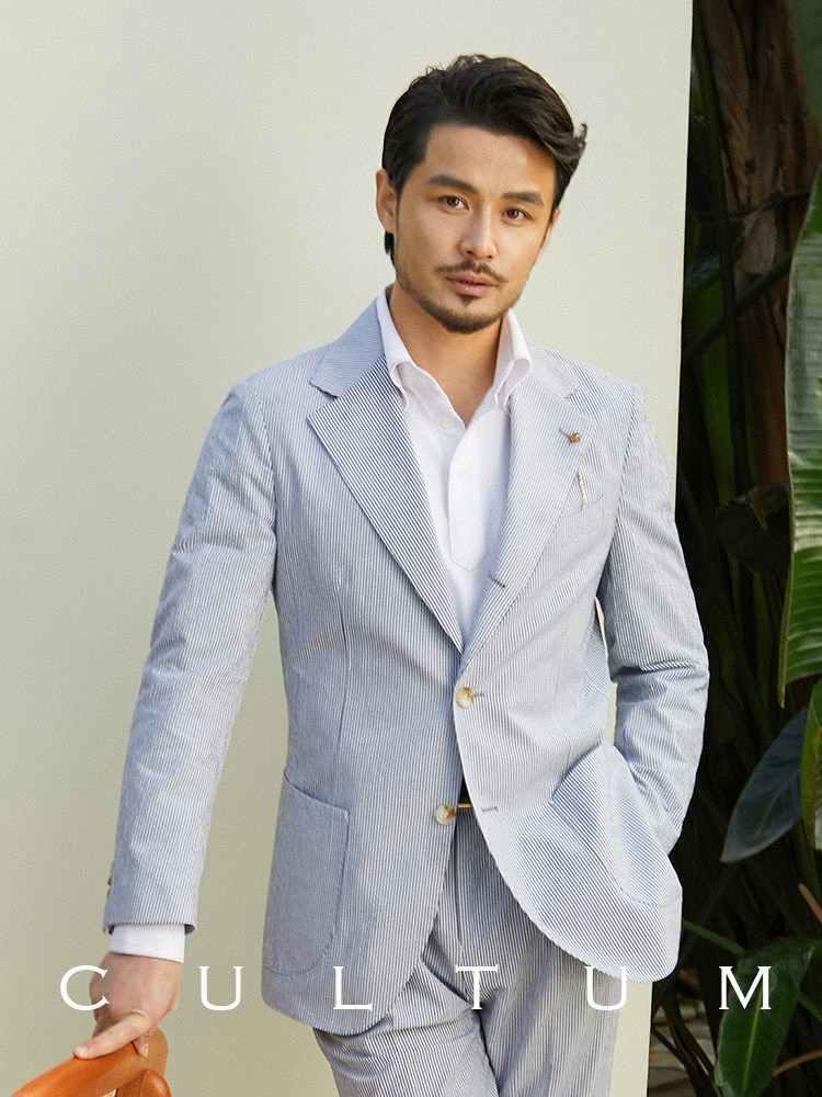 CULTUM SPRING STRIPED SEERSUCKER BLAZER BUSINESS CASUAL BLUE & WHITE SUIT MENS JACKET LIGHTWEIGHT