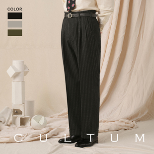 CULTUM 男士 休閑好萊塢褲 子 1930s復古銀行家條紋羊毛直筒雙褶西褲
