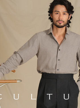 【亲肤法兰绒 棉舒弹丝】CULTUM意式9CM宽温莎领保暖纯色衬衫长袖