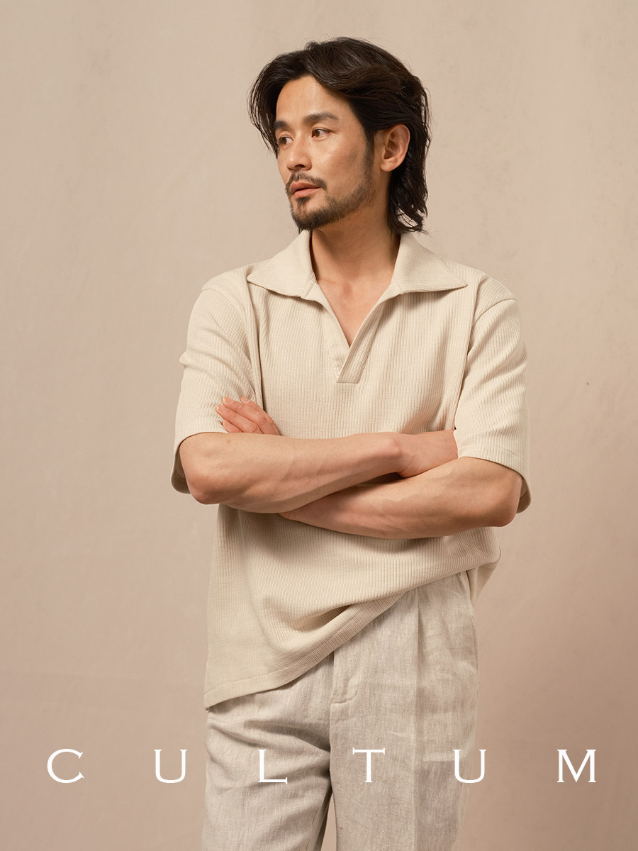 CULTUM SOFT LIGHT THREE-DIMENSIONAL STRIPE BREATHABLE KNIT POLO SHIRT MENS LOOSE CASUAL RETRO SOLID COLOR SHORT SLEEVES