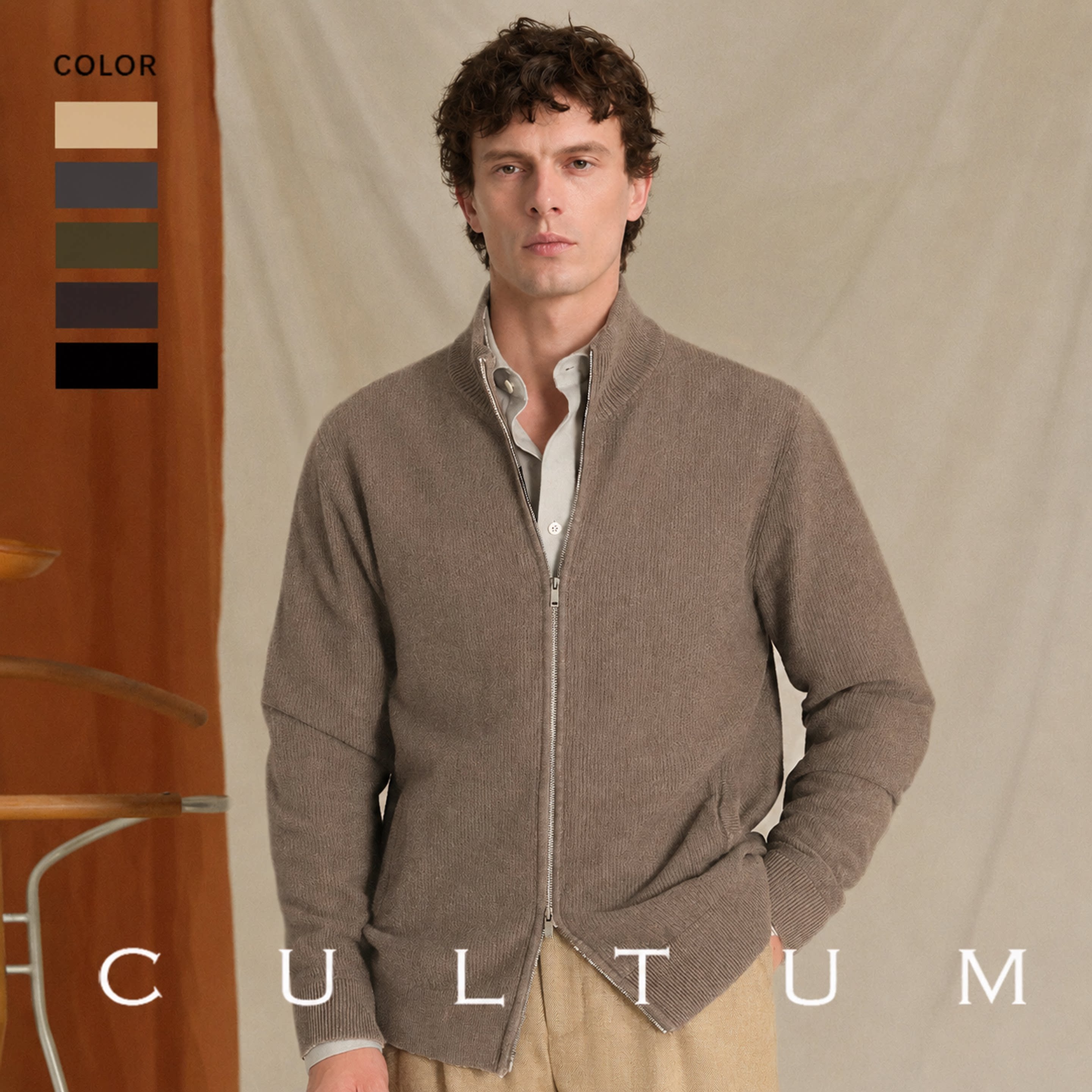 【山羊绒棉混纺】CULTUM意式可翻高领双开拉链针织开衫毛衣外套男