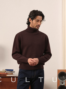 CULTUM美丽诺羊毛复古高领毛衣男士长袖纯色秋冬加厚套头宽松上衣