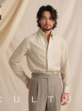 【全棉泡泡纱】CULTUM意式一片领纯棉条纹长袖衬衫男休闲轻薄衬衣