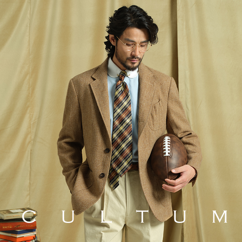 粗花呢人字纹西服外套猎装夹克