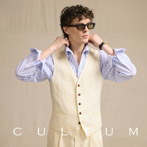 CULTUM100%法国亚麻透气耐穿单排扣无领西装马甲男士商务修身马夹