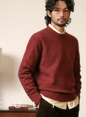 CULTUM美丽诺羊毛秋冬复古半高领长袖圆领针织衫毛衣男内搭打底衫