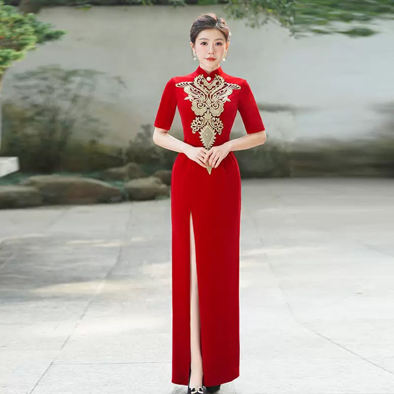 改良旗袍走秀2025新款大码中老年优雅中国风女中长款丝绒生命之光