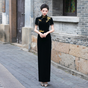 黑色国风旗袍礼服时尚 舞台走秀主持人演出服设计感连衣裙 立领短袖