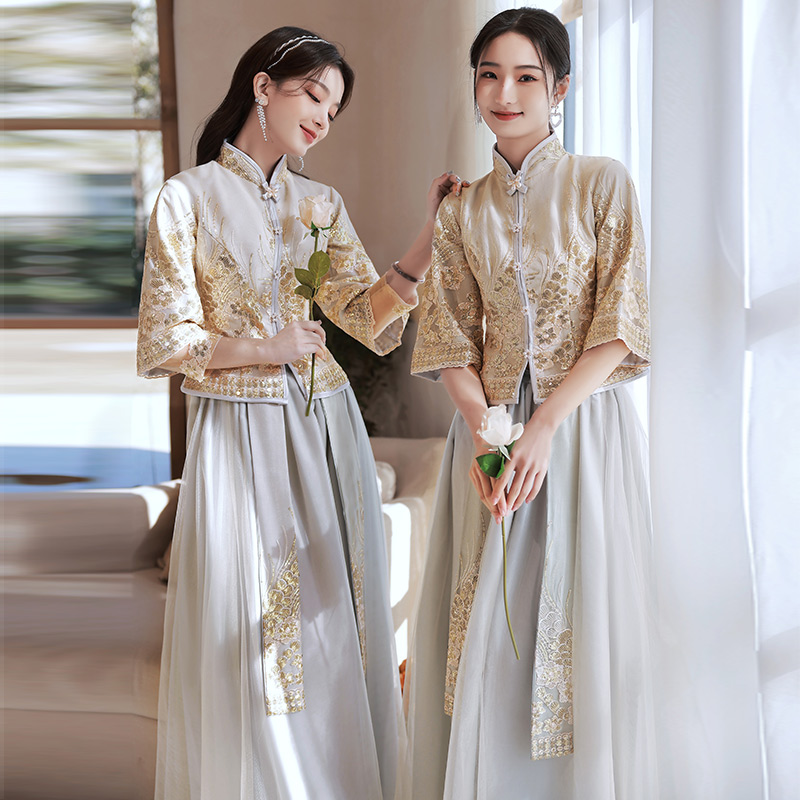 速发中0伴娘服2式25新款夏礼婚礼姐妹团季服裙灰色长款小众高级感