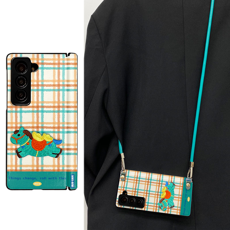 黄绿条纹格适用于三星zfold7手机壳W25全包防摔外壳zfold5女保护套FOLD6皮革挂绳FOLD4双中轴铰链全包皮纹