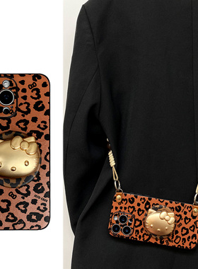 黑色kt豹纹卡通磁吸支架适用于苹果16promax手机壳iphone14保护套12/11/15plus外壳17Air全包防摔斜跨挂绳女