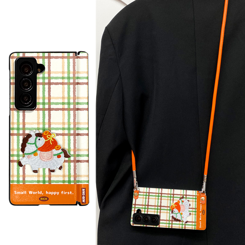 绿黄条纹格适用于三星zfold7手机壳W25全包防摔外壳zfold5女保护套FOLD6皮革挂绳FOLD4双中轴铰链全包皮纹