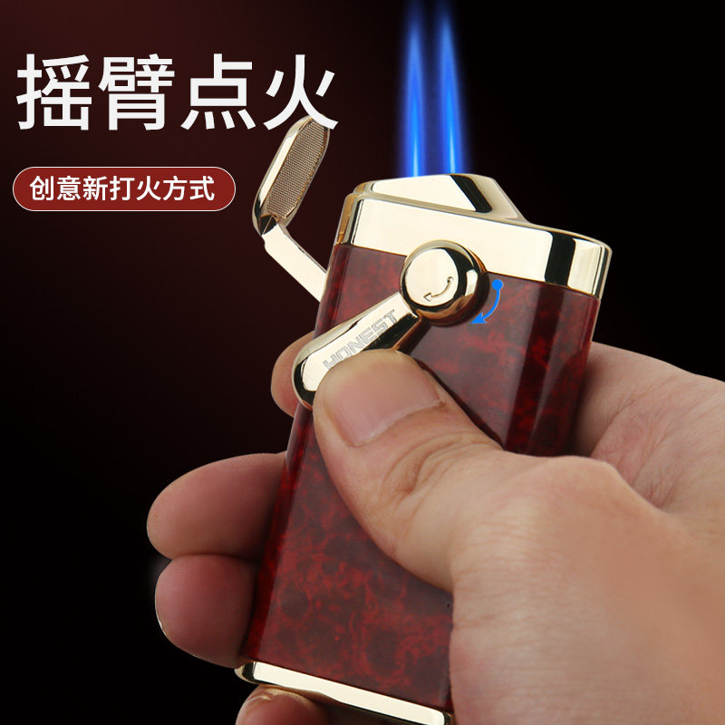 百诚商务金属摇臂充气防风斜火双直冲蓝焰打火机雪茄点烟器透明窗