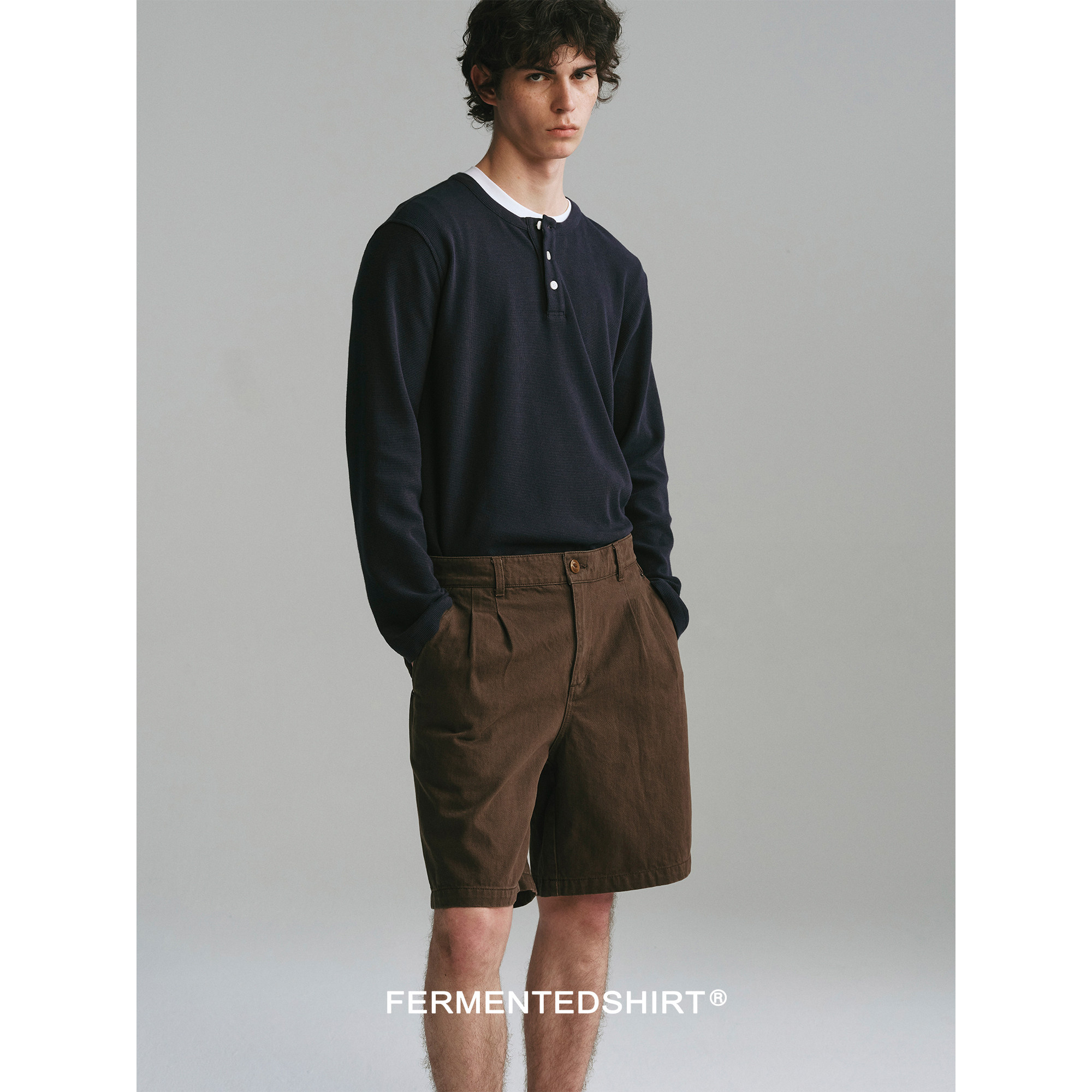 FERMENTEDSHIRT/夏重磅全棉斜纹中古感简约宽松休闲短裤