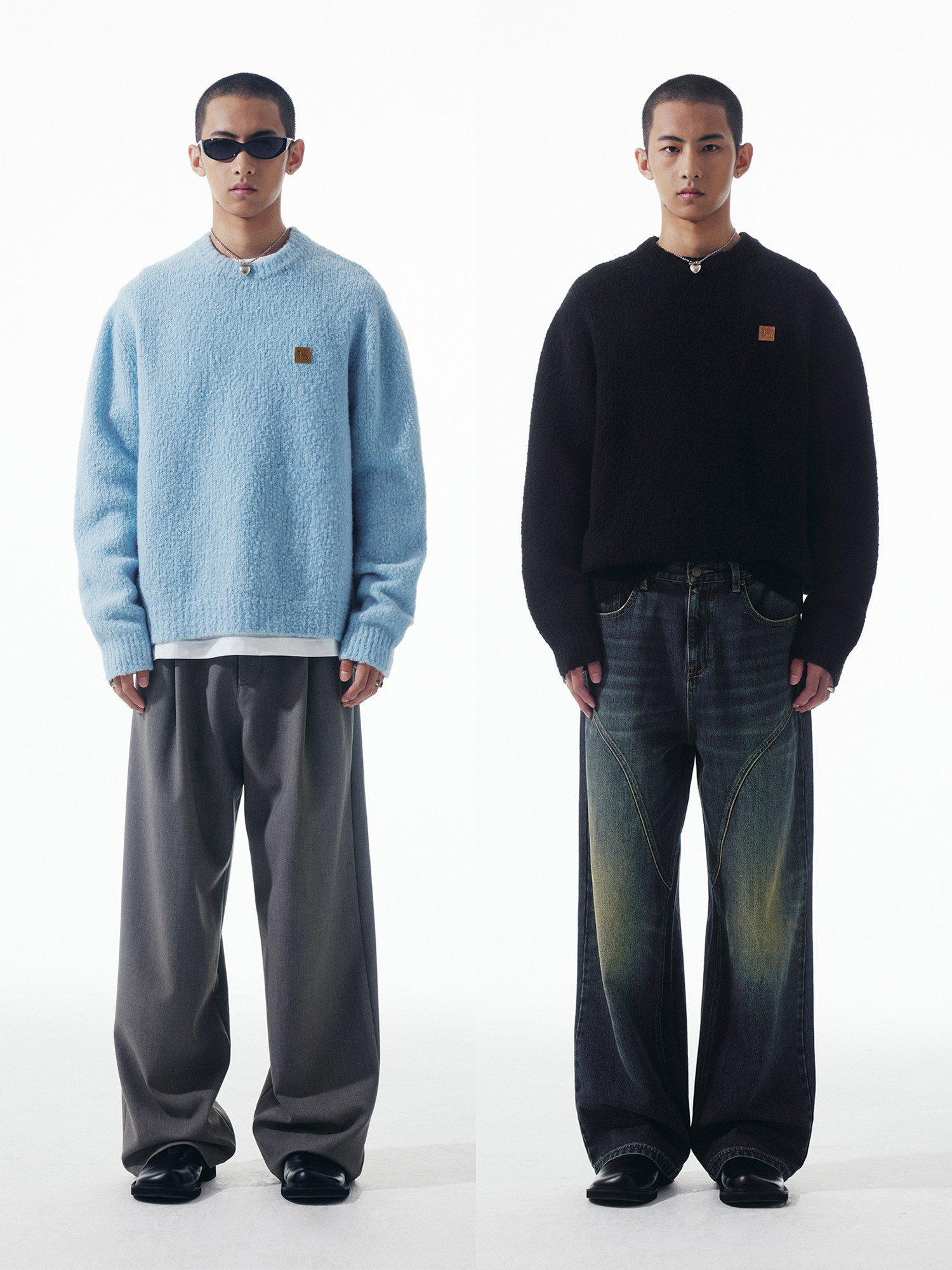 fermentedshirt/秋冬天空蓝&黑圈圈羊毛卷圆领针织毛衣男女休闲