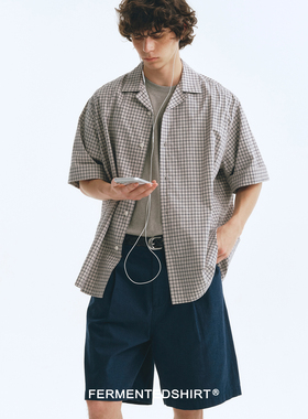FERMENTEDSHIRT26夏复古灰色系色织格纹古巴领休闲宽松短袖衬衫