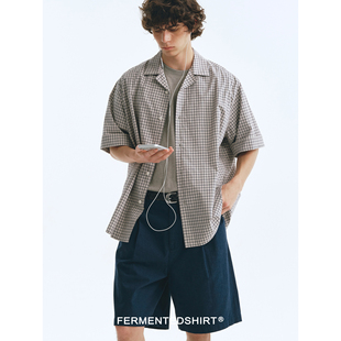 FERMENTEDSHIRT26夏复古灰色系色织格纹古巴领休闲宽松短袖衬衫