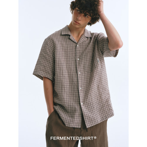 FERMENTEDSHIRT26夏100全亚麻色织格纹古巴领休闲短袖衬衫