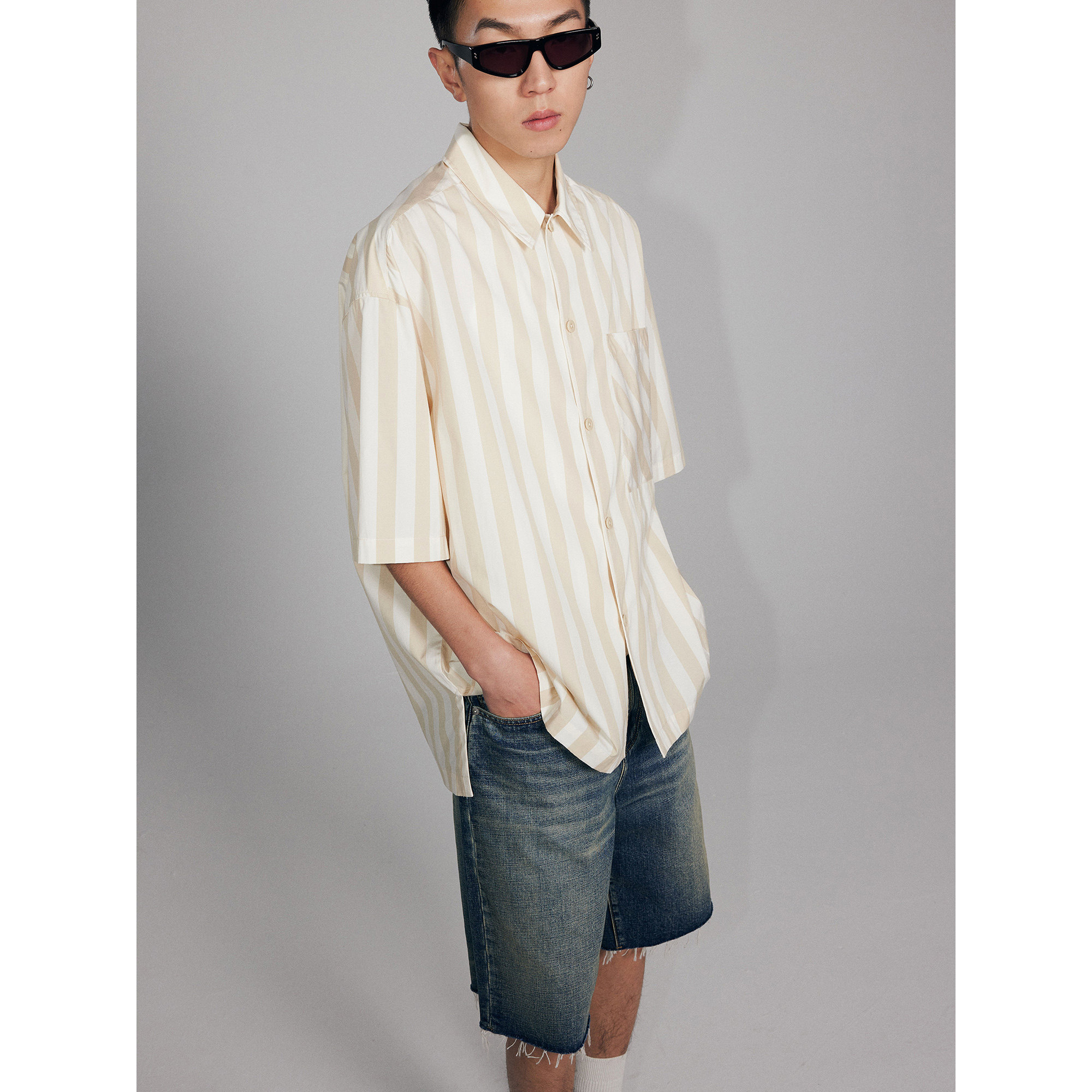 FERMENTEDSHIRT/新品全棉120支高密度宽条纹拼接短袖衬衫 - 实物图