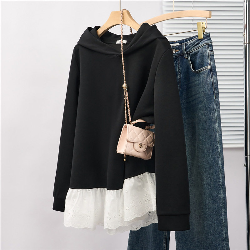 大码女装300斤胖MM春季2026新款韩版连帽撞色蕾丝拼卫衣宽松显瘦