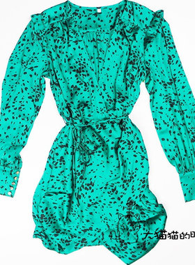 澳洲小众~KEEP S*ke 早观秋款绿色不规则墨点裹式长袖连衣裙少量