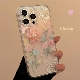 适用iphone16苹果手机壳立体玫瑰花朵17promax油画11闪粉13清新12