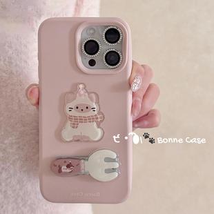 甜美立体适用苹果16手机壳17promax可爱猫咪支架iphone14硅胶13软