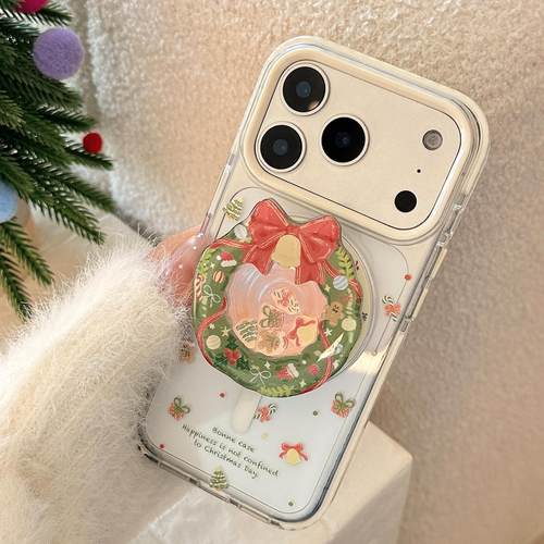 圣诞花环适用17promax透明iPhone16手机壳13摇摇乐磁吸支架14软套