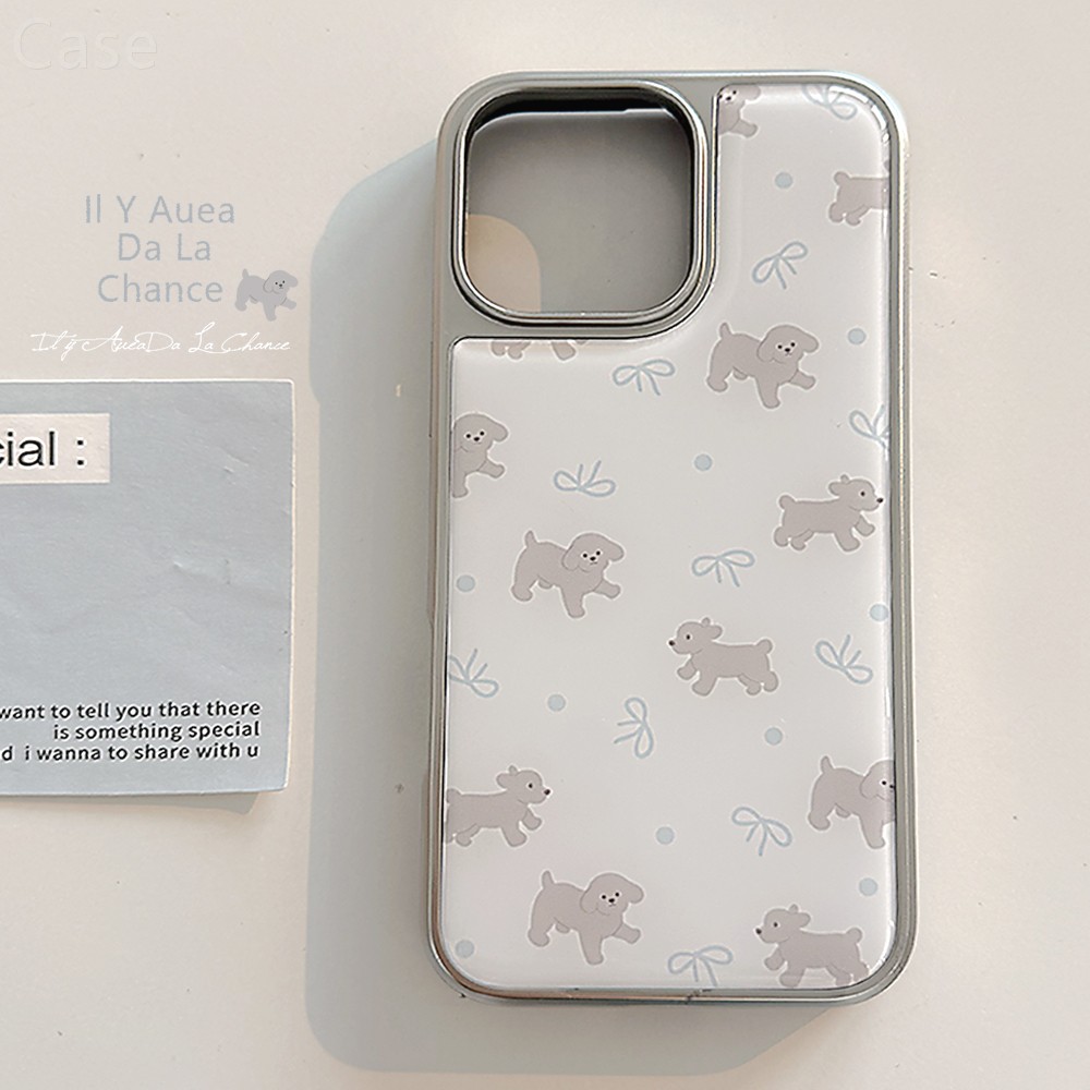 日韩ins卡通蓝色蝴蝶结小狗适用苹果17promax手机壳iphone13新款15pro女款14小众韩系16电镀滴胶银边全包硬壳