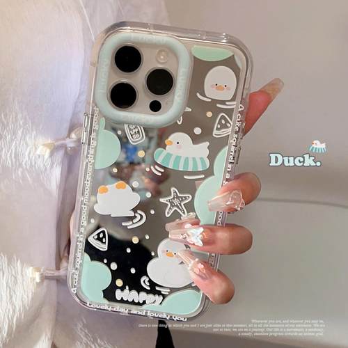 夏日游泳小鸭子适用16Pro Max手机壳苹果iPhone14镜面11卡通12/17