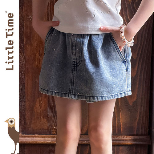 littletime韩国风牛仔半身裙女春夏时尚烫钻百搭显瘦短裤裙两件套