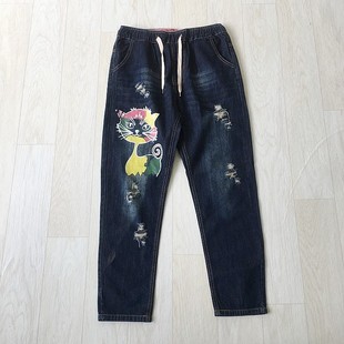 女装松紧腰抽绳双口袋A字形直筒铅笔牛仔小脚裤简约百搭春秋长裤