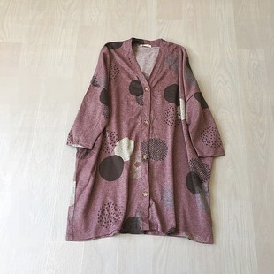 女装日单V领纽扣宽松中长款落肩袖印花薄绒休闲外搭女针织衫外套