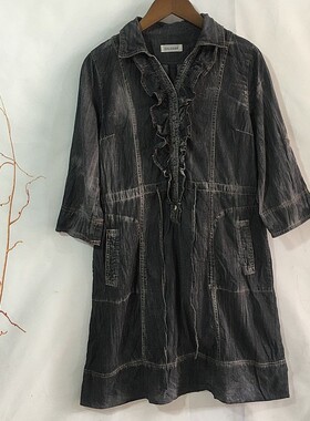 女装清仓不退换日单翻领荷叶边抽绳收腰宽松休闲连衣裙七分袖黑色