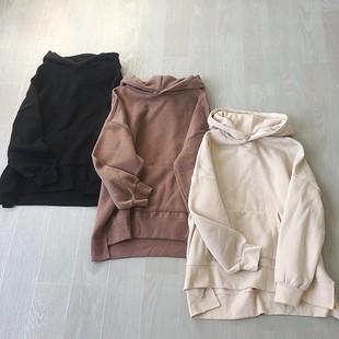 女装 休闲百搭女士春秋冬卫衣潮 日单连体帽加薄绒宽松下摆开叉长袖